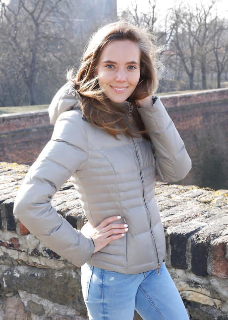 Charming cutie Katya Clover in tight jeans exhibits big boobs and hot ass outdoor