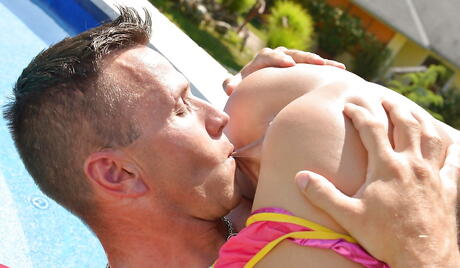 Sexy spanish Susy Gala in sexy bikini take in mouth cock and enjoys a cum shot on her face outside